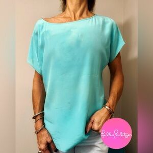 Lilly Pulitzer Blue Silk Marina Tee, scoop neck, original buttons 118. XS OBO